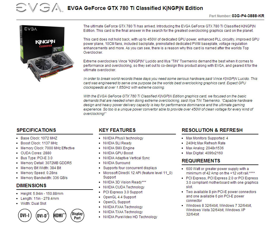 Buy EVGA GeForce GTX 780 Ti Classified Kingpin 3GB [03G-P4-3888-KR