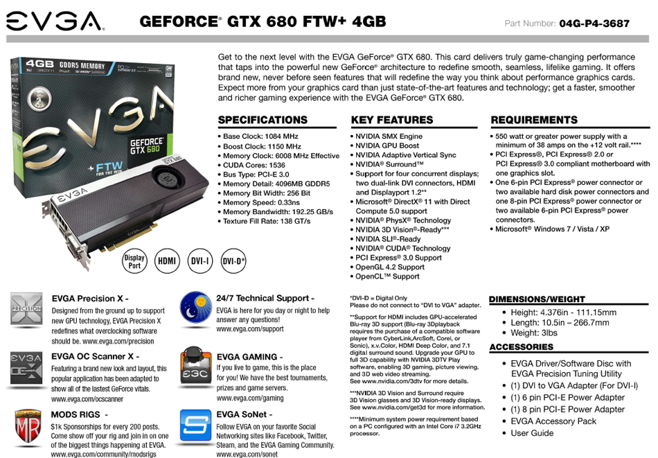 Buy EVGA GeForce GTX 680 4GB FTW+ with Backplate [04G-P4-3687-KR
