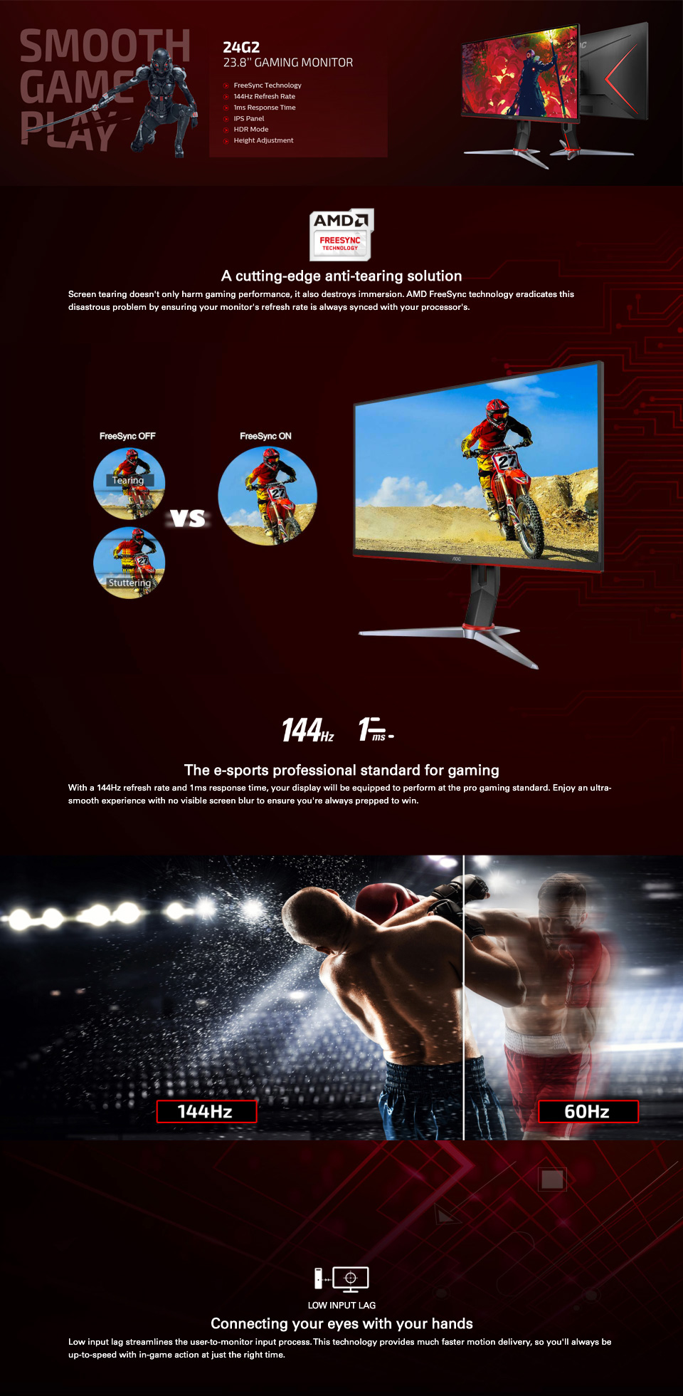 AOC 24G2 FHD 144hz FreeSync HDR IPS 23.8in Monitor מסך גיימינג AOC 24G2U FHD IPS 144Hz