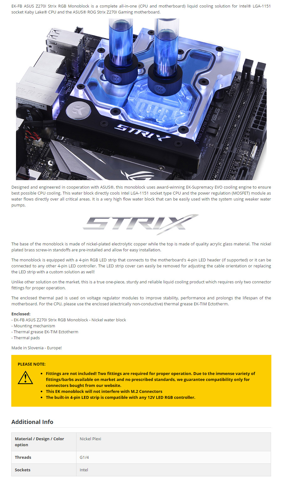 Buy EK FB ASUS Z270I Strix RGB Monoblock Nickel [3830046991485