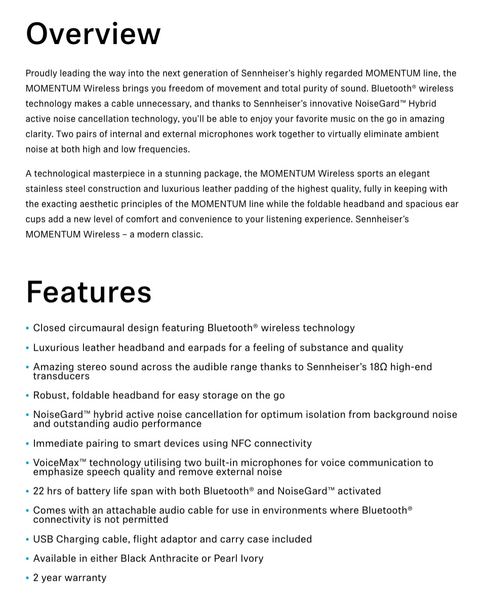 Sennheiser Momentum 2 Wireless Headphones Sennheiser Momentum 2 Wireless Headphones features