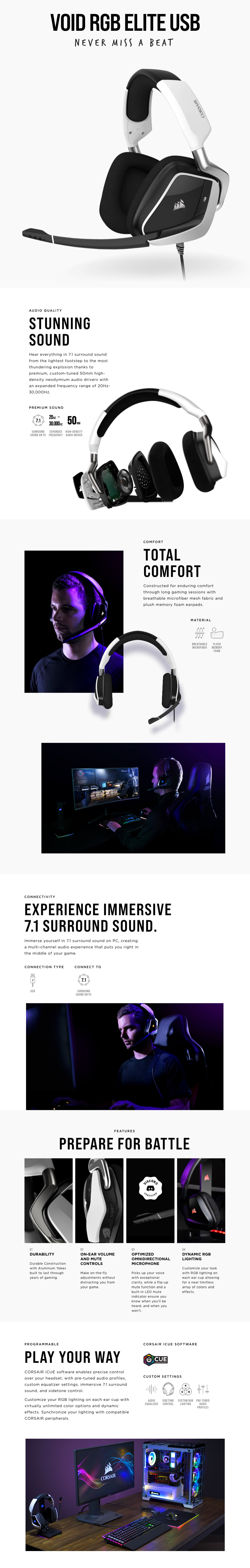 Corsair VOID RGB Elite Headset with 7.1 Surround White אוזניות גיימינג Corsair VOID RGB Elite Headset with 7.1 Surround White