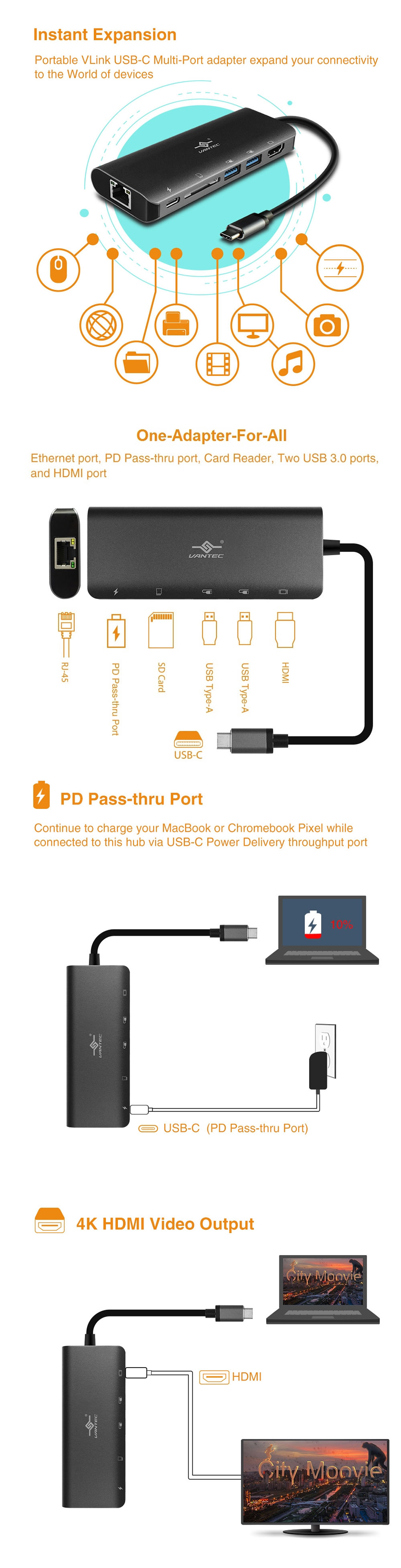 thumbnail image 2 of Vantec VLink USB-C To HDMI ™ 2.0 4K/60Hz Active Adapter 2 of 12