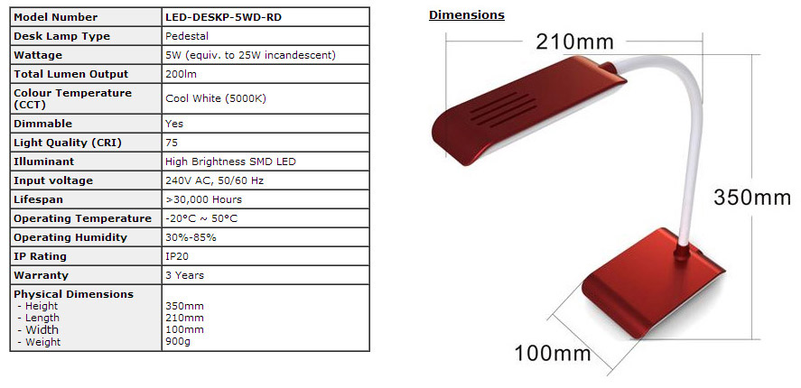 Buy LED 5W Cool White Dimmable Red Desk Lamp [LED-DESKP-5WD-RD] | PC ...