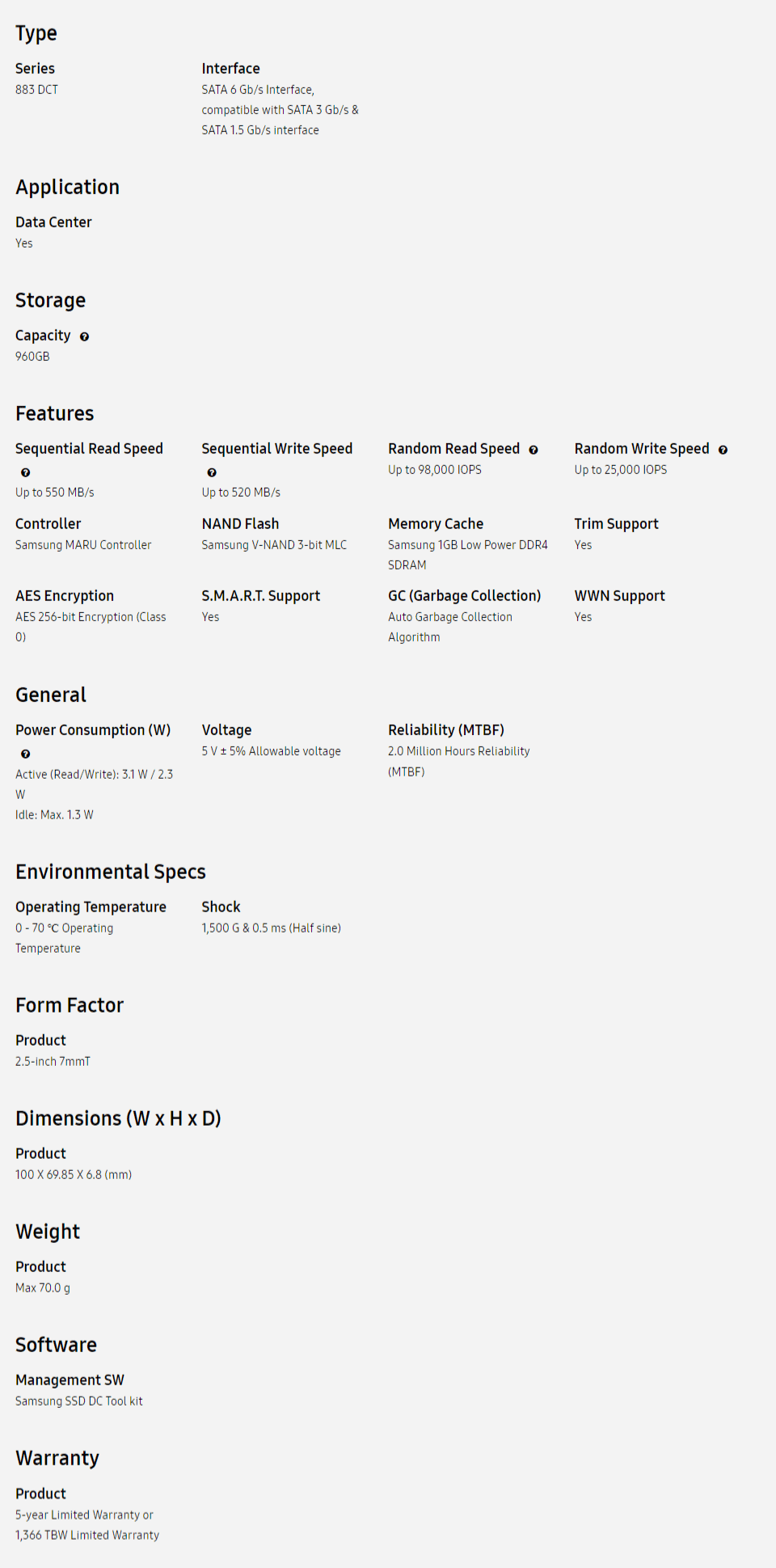 Buy Samsung Enterprise SSD 883 DCT SATA 960GB [MZ-7LH960NE] PC