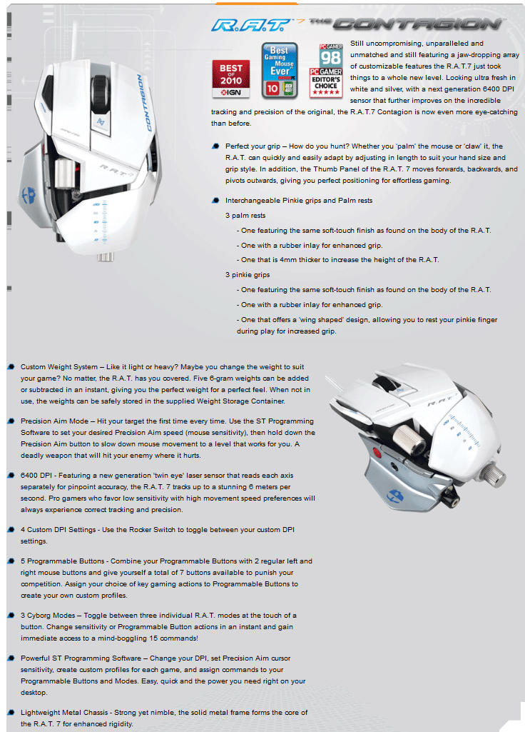 Cyborg Mad Catz R.A.T Contagion Gmaing Mouse MC-RAT7C  Cyborg R.A.T.7 Contagion Gaming Maus weiß: : Computer