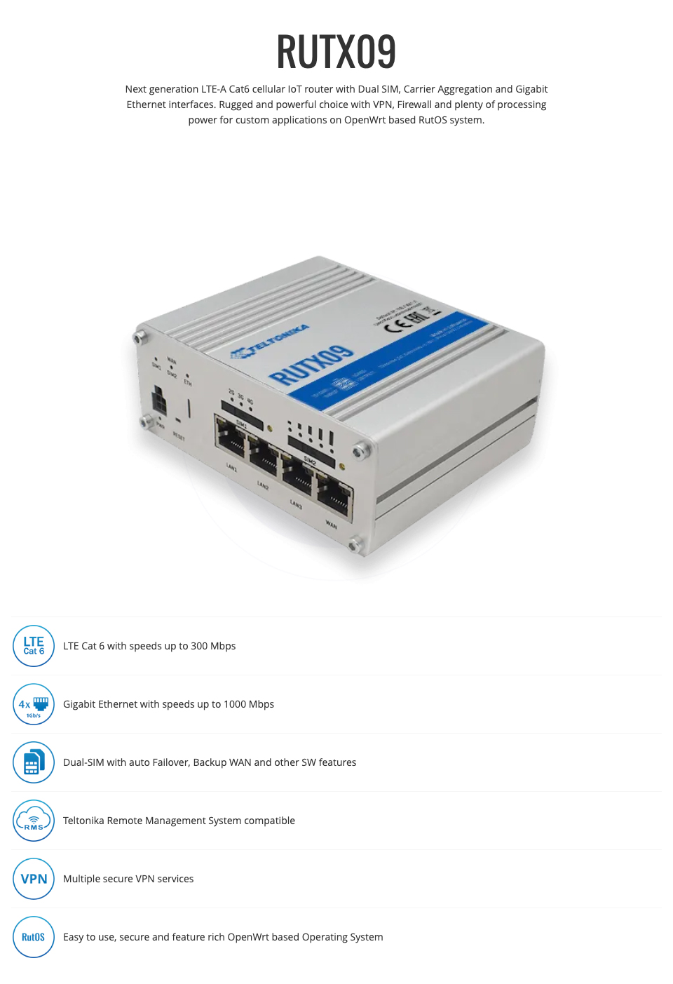 Buy Teltonika RUTX09 Cat6 LTEA Modem Router with Dual SIM [RUTX09
