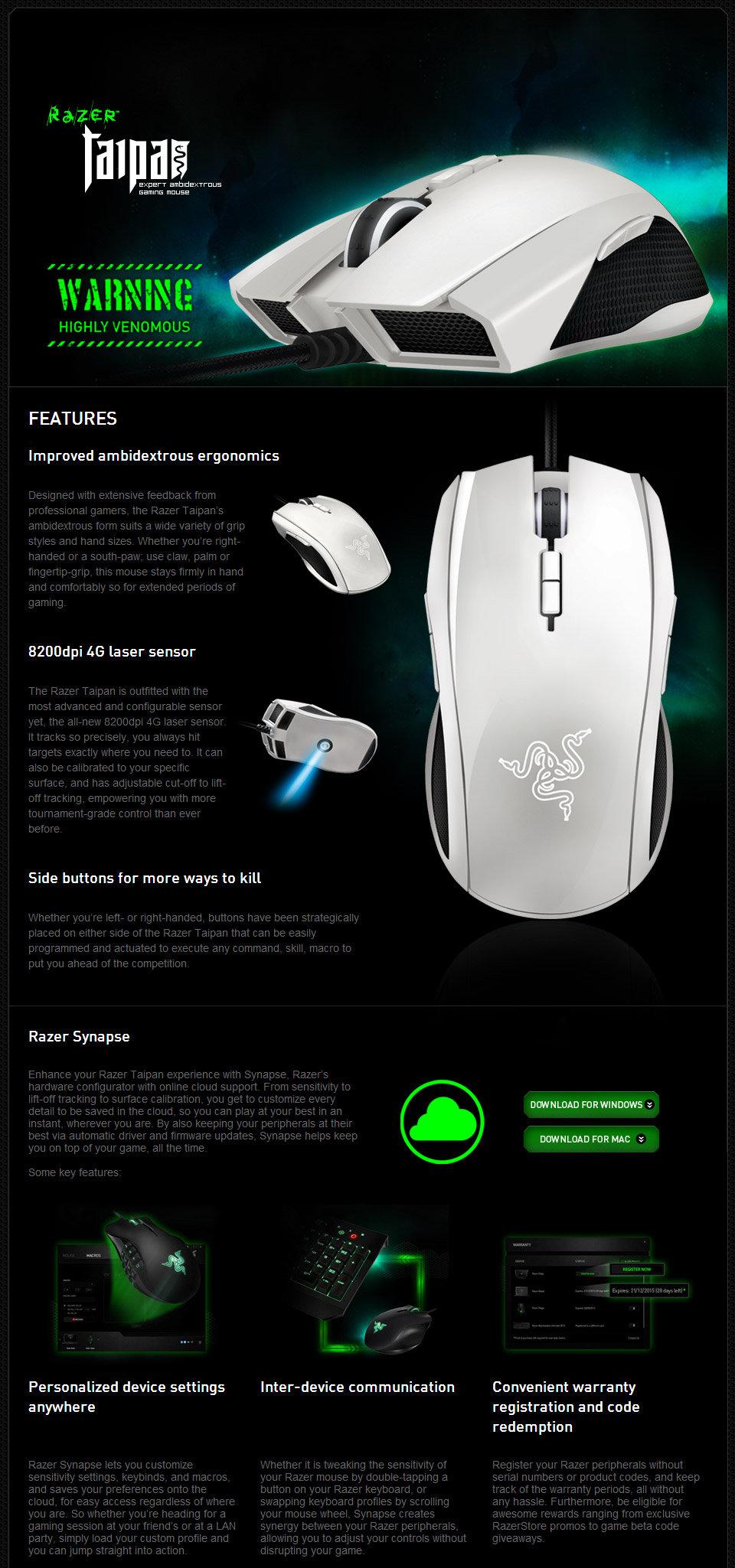 Souris Gaming Razer Taipan – 8200dpi – Filaire – Blanche – NEUF
