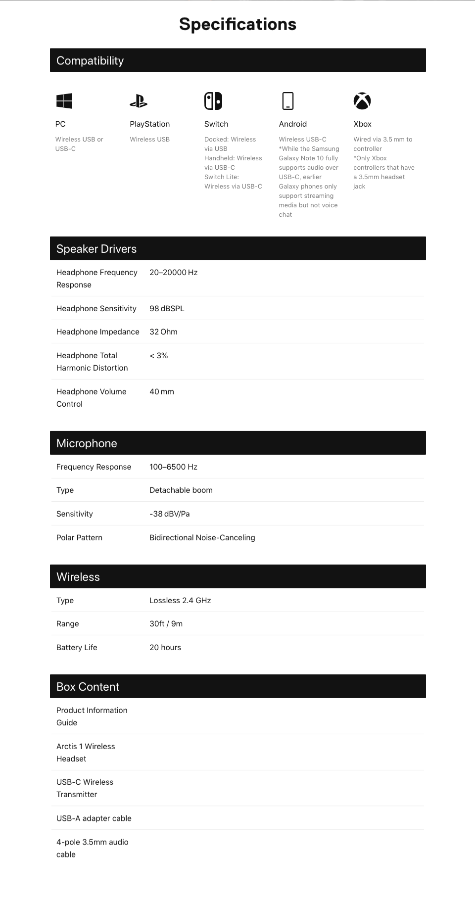 SteelSeries Arctis 1 Wireless Gaming Headset SteelSeries Arctis 1 Wireless Gaming Headset specifications