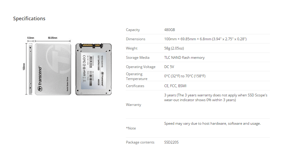 SSD Interne Transcend 480 Go – 2.5" SATA – Modèle TS480GSSD220S – Comme Neuf