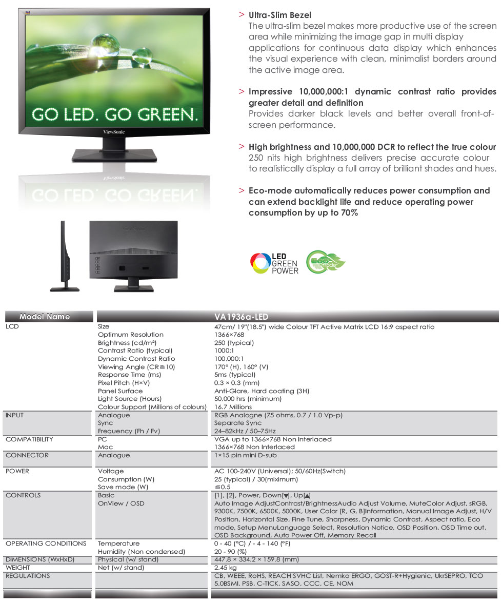 Buy Viewsonic VA1936A 18.5in Widescreen LED Monitor [VA1936A-LED] | PC ...