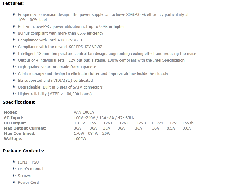 Buy Vantec ION2+ 80+ 1000W Modular Power Supply [VAN1000A] PC Case