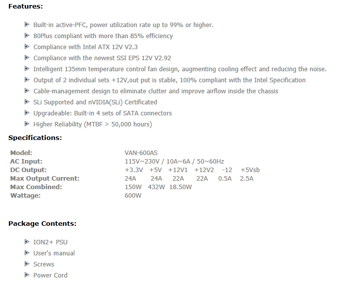 Buy Vantec ION2+ 80+ 600W Modular Power Supply [VAN600AS] PC Case