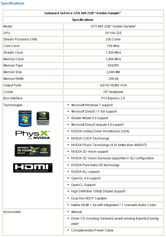 Gainward Gtx Gtx 460 Se Specs Buy Gainward GeForce GTX 460 2GB