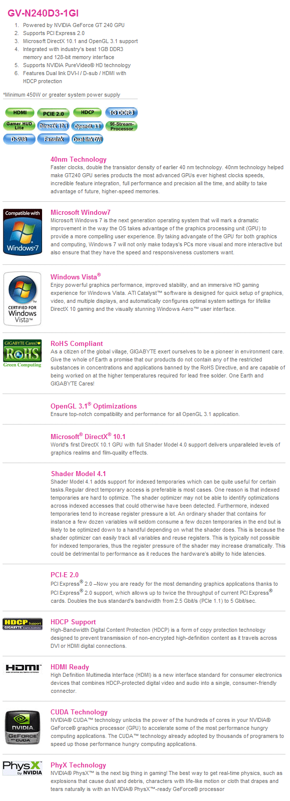 Buy Gigabyte GeForce GT 240 1GB [GV-N240D3-1GI] PC Case Gear
