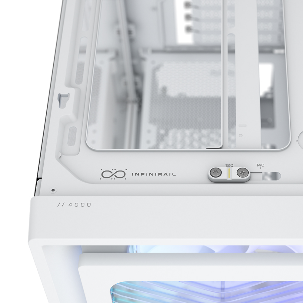 Corsair frame 4000x rs | belo midi-tower e-atx ohišje | rgb flow | 4x rs120 pwm | kaljeno steklo | računalniško ohišje 4 Corsair frame 4000x rs infinirail sistem za prilagodljivo montažo ventilatorjev