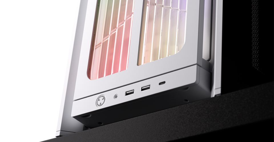 Corsair frame 4000x rs | belo midi-tower e-atx ohišje | rgb flow | 4x rs120 pwm | kaljeno steklo | računalniško ohišje 2 Corsair frame 4000x rs belo ohišje sprednji priključki usb-c in rgb osvetlitev