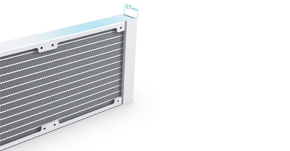 Montech hyperflow argb 240 | bela 240mm aio vodno hlajenje | 3100rpm črpalka 2x120mm argb pwm | procesorski hladilnik 3 Montech hyperflow argb 240 tanek 27 mm radiator za belo računalniško ohišje